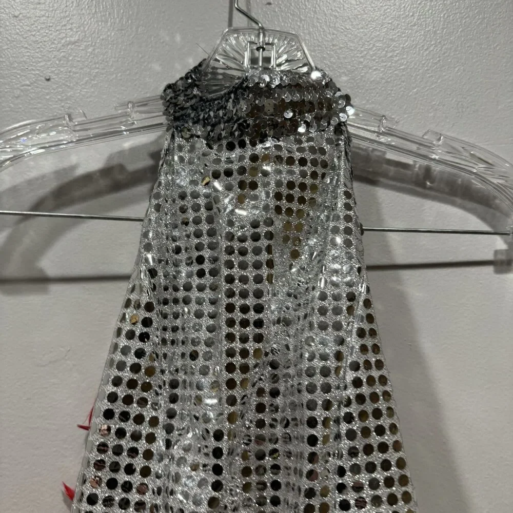 Silver Sequin Showgirl Leotard Dance Costume Removable Red Feathers Adult Small - Picture 6 of 6